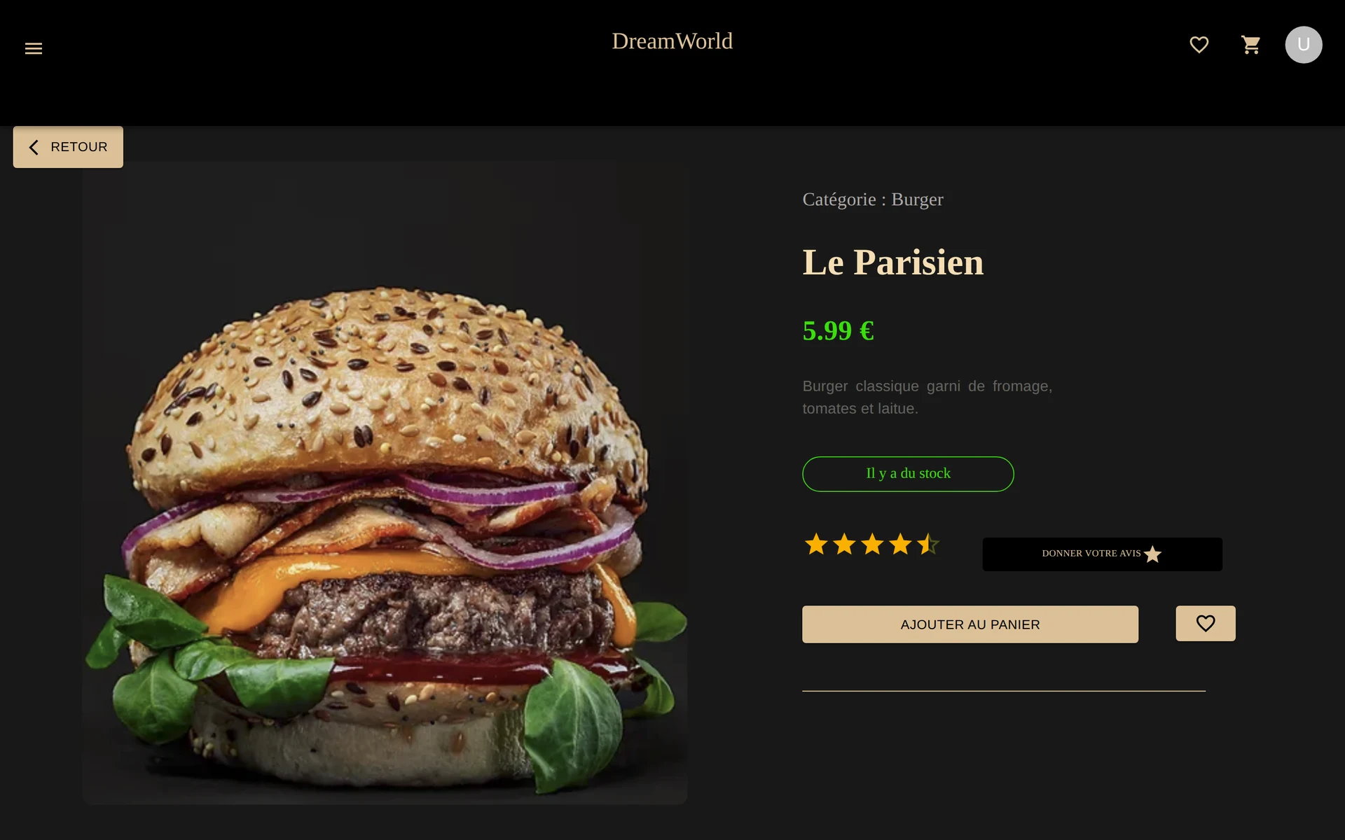 Product page: Le Parisien, price, stock, rating and add to cart