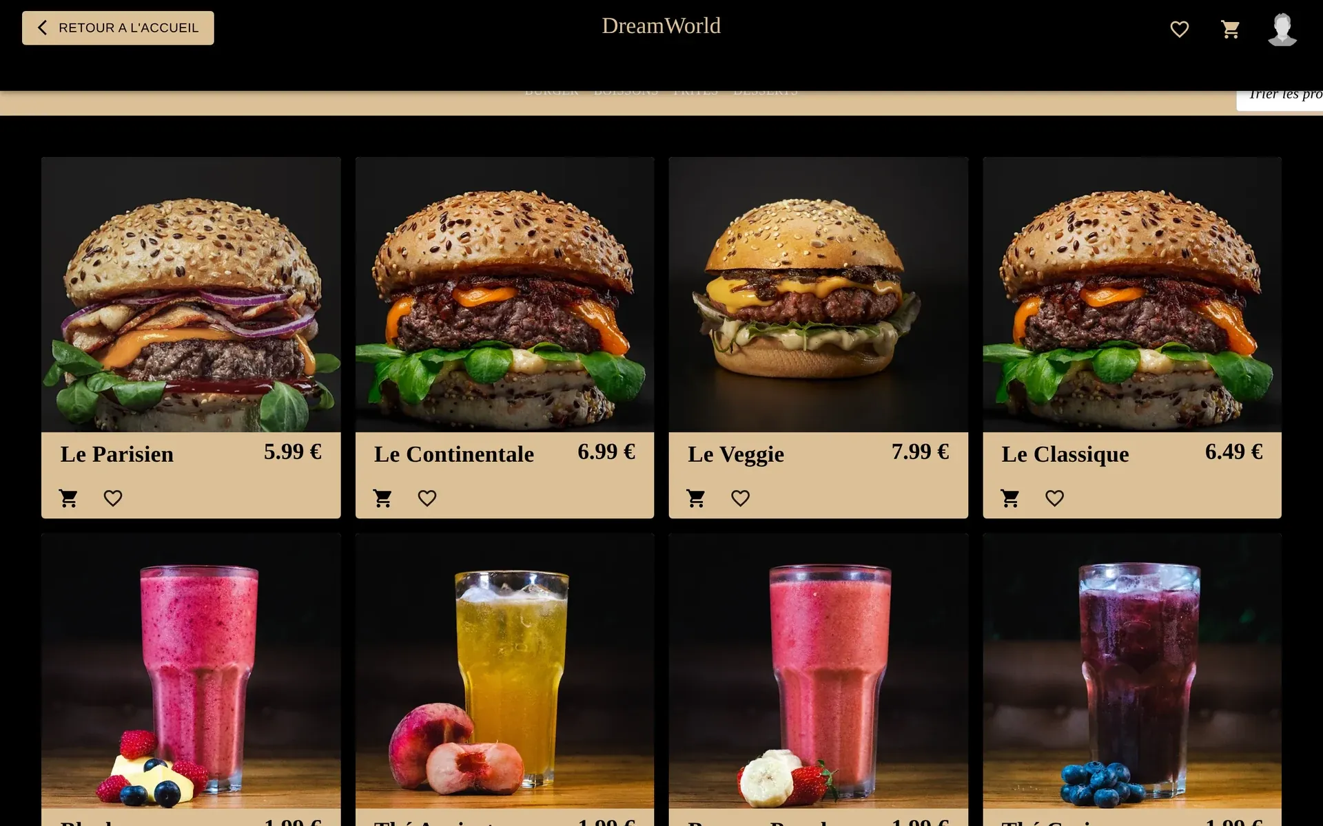 Menu with burgers and drinks, categories and sorting